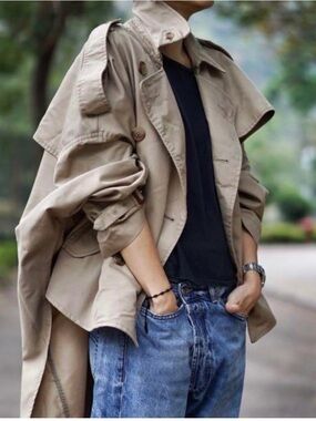 R13 Women's Beige Tuck In Trench Coat - Relaxed Lightweight Outerwear Size Large
